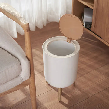 Wooden High-Foot Trash Can with Press Cover