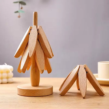 4-Piece Wooden Trivets - Folding Tree Shape